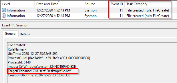 Идентификатор события 11: События создания файлов