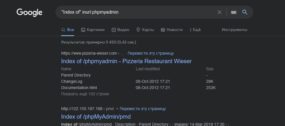 "Index of" inurl:phpmyadmin