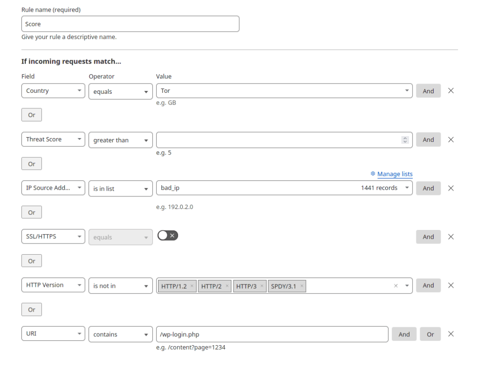 (ip.geoip.country eq "T1") or (cf.threat_score gt 0) or (ip.src in $bad_ip) or (not ssl) or (not http.request.version in {"HTTP/2" "HTTP/3" "SPDY/3.1" "HTTP/1.2"}) or (http.request.uri contains "/wp-login.php")