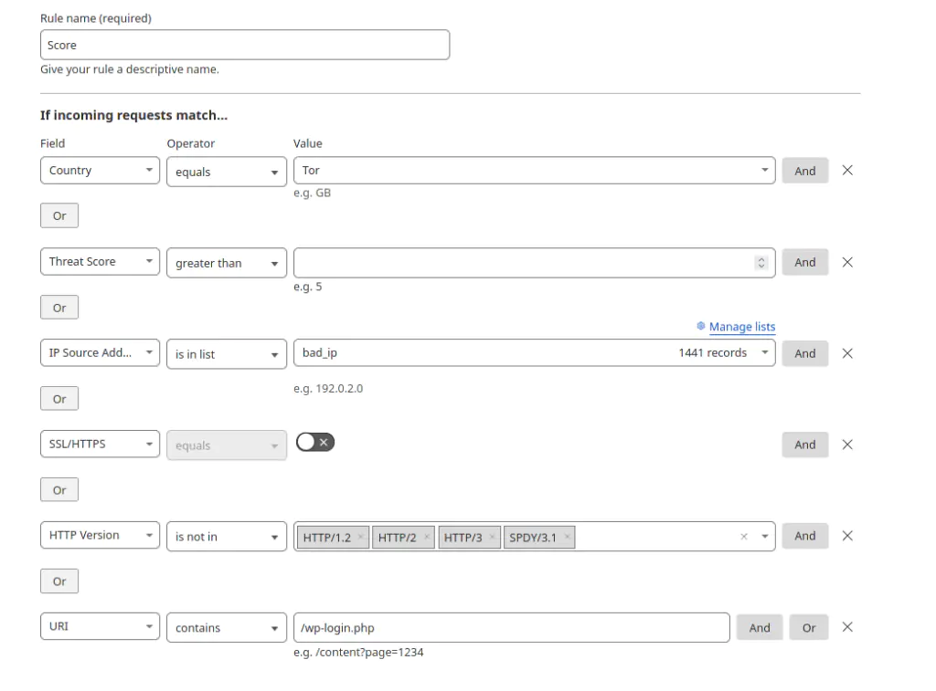 (ip.geoip.country eq "T1") or (cf.threat_score gt 0) or (ip.src in $bad_ip) or (not ssl) or (not http.request.version in {"HTTP/2" "HTTP/3" "SPDY/3.1" "HTTP/1.2"}) or (http.request.uri contains "/wp-login.php")