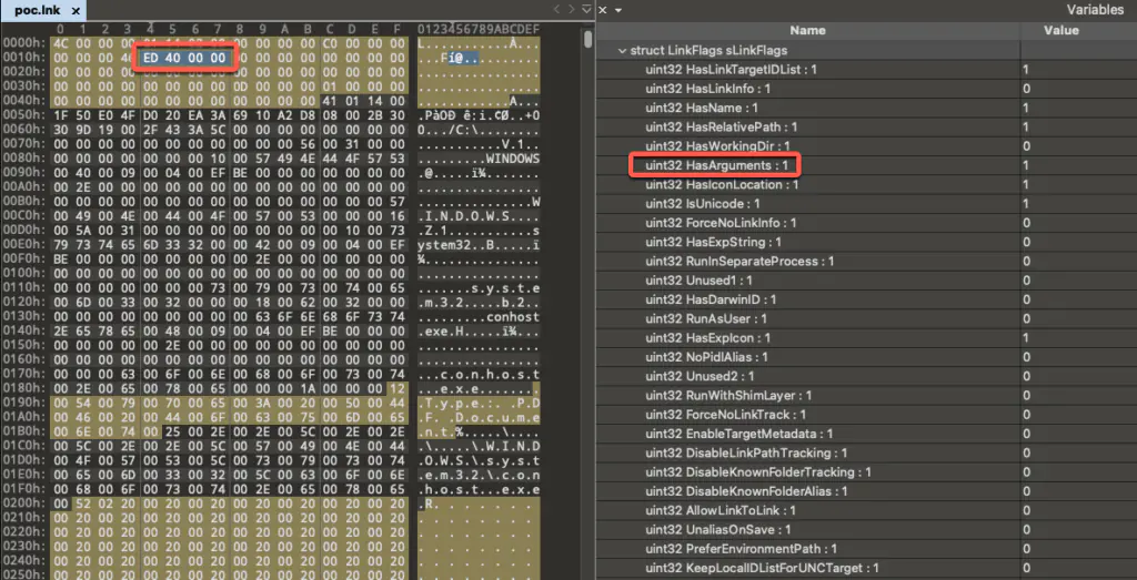 Выделенные флаги LinkFlags и флаг HasArguments, указывающие на наличие структуры COMMAND_LINE_ARGUMENTS StringData
