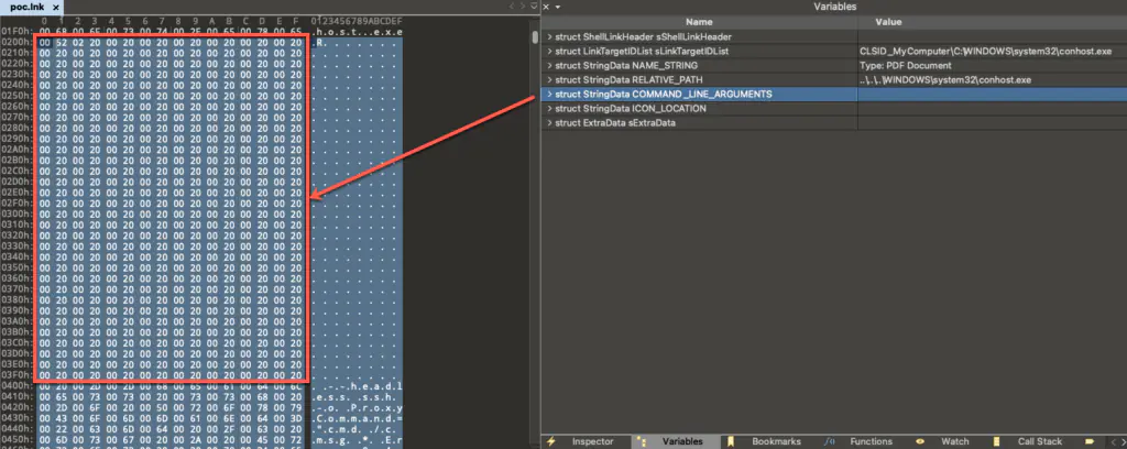 Большое количество символов пробела (\x20) в структуре COMMAND_LINE_ARGUMENTS