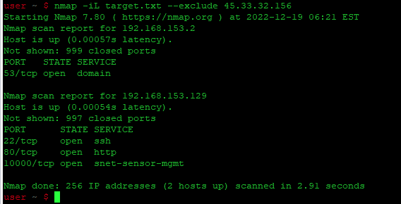 nmap -iL target.txt --exclude 45.33.32.156