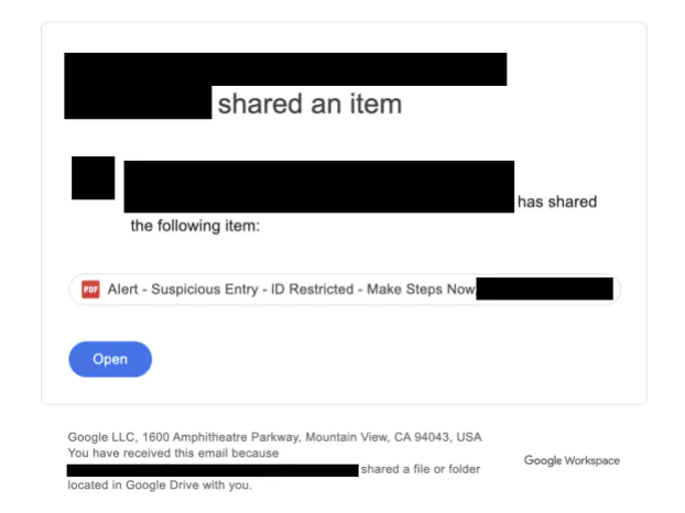 Электронное письмо о том, что файл был отправлен получателю на Google Диск.