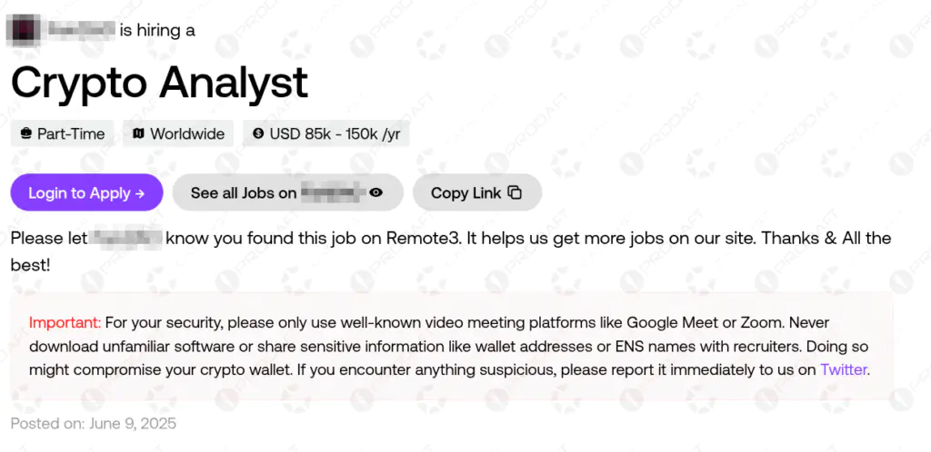 Объявление о вакансии криптоаналитика размещено на Remote3.