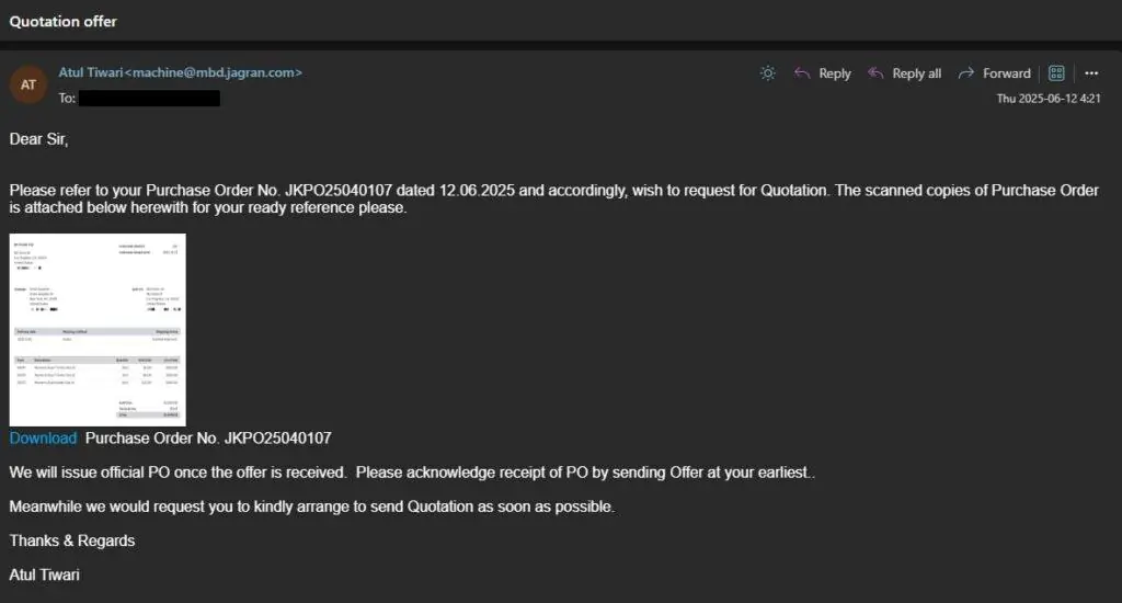 Вредоносное фишинговое письмо