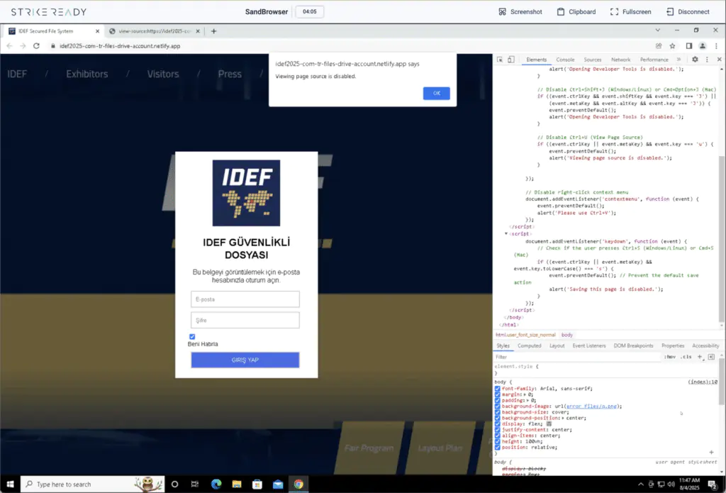 Фишинговая страница на тему IDEF