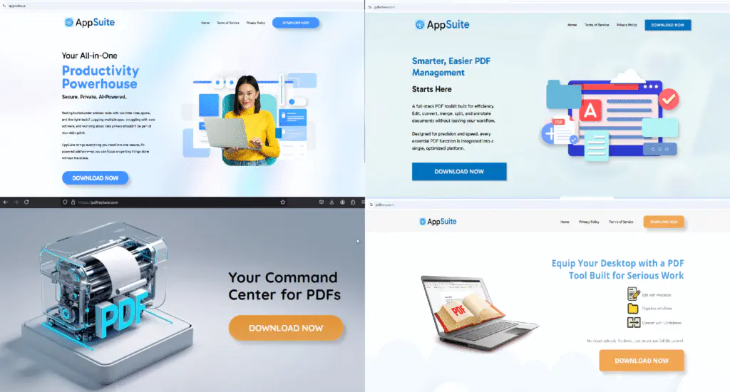 PDF-редактор рекламируется на различных веб-сайтах с разным дизайном.