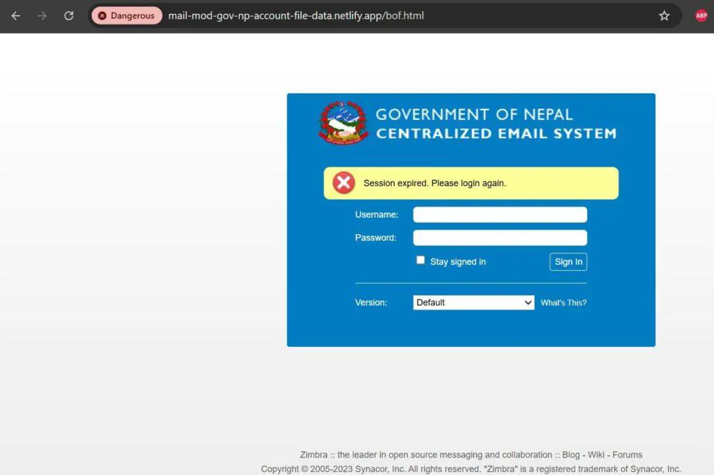 Поддельная панель входа в Zimbra, размещенная по адресу mail-mod-gov-np-account-file-data[.]netlify[.]app, предлагала пользователям вводить учетные данные, которые были отправлены методом POST на адрес mailbox3-inbox1-bd[.]com.