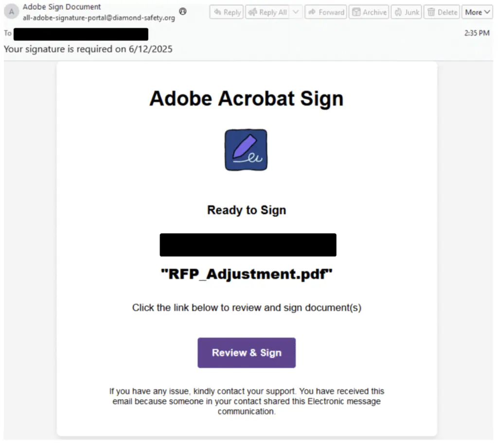 Приманка, выдающая себя за Adobe и содержащая фишинговый URL