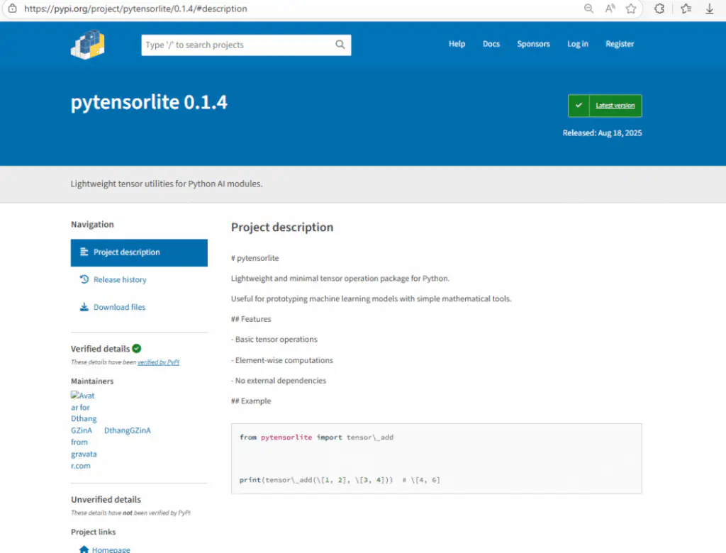 страница проекта Pytorchlite с вредоносным компонентом