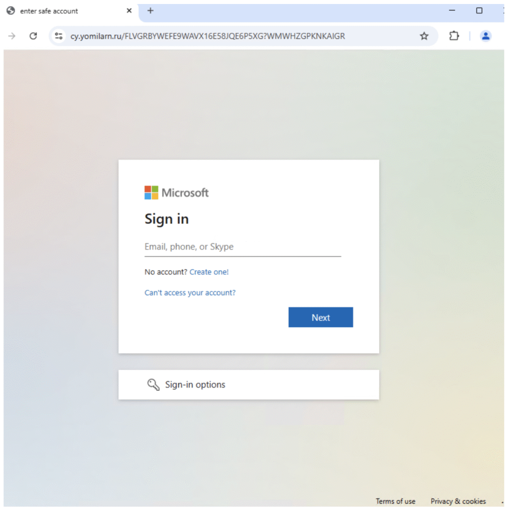 Целевая страница фишинга учетных данных Microsoft.