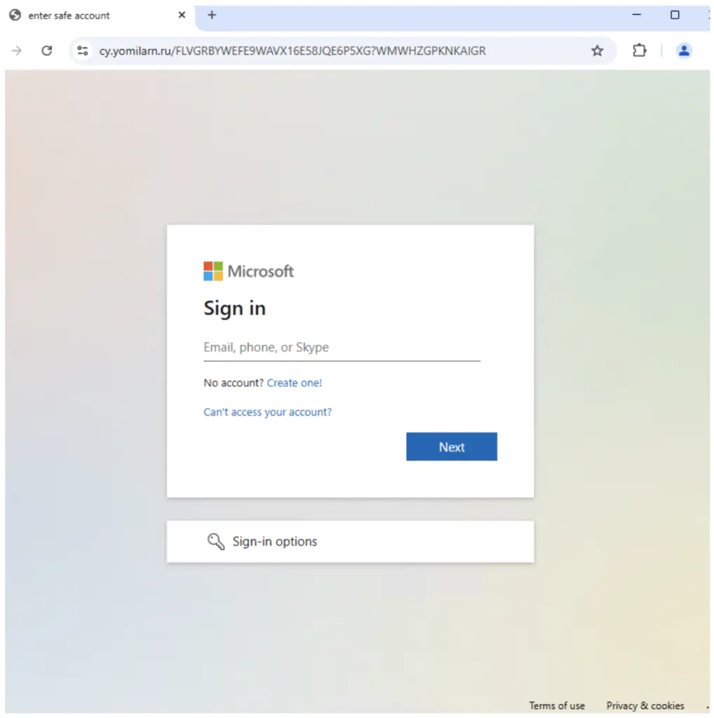 Целевая страница фишинга учетных данных Microsoft.