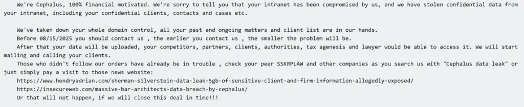 Выдержка из письма с требованием выкупа от Cephalus со ссылкой на две «новости»