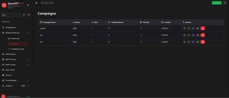 Панель управления рассылками SpamGPT со статистикой.