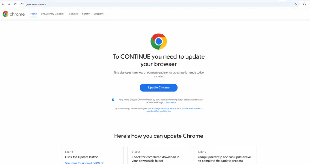 Поддельное обновление Google Chrome