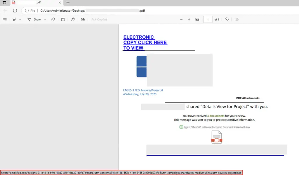 Приманка PDF, демонстрирующая глобальный логотип фармацевтического дистрибьютора (отредактированный), название выдающегося руководителя (отредактированное) и ссылка на упрощенную платформу ИИ.