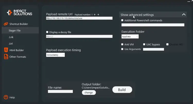 Параметры конструктора с файлами-обманками, выполнением AppData и обходом UAC
