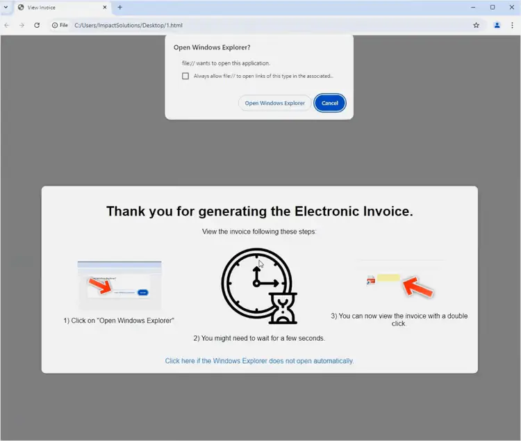 Поддельная HTML-страница счета-фактуры, предлагающая жертвам открыть файл, запускающий вредоносное ПО