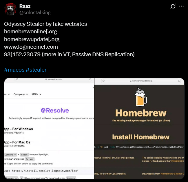 Поддельные страницы загрузки Homebrew и LogMeIn, используемые для распространения Odyssey Stealer.