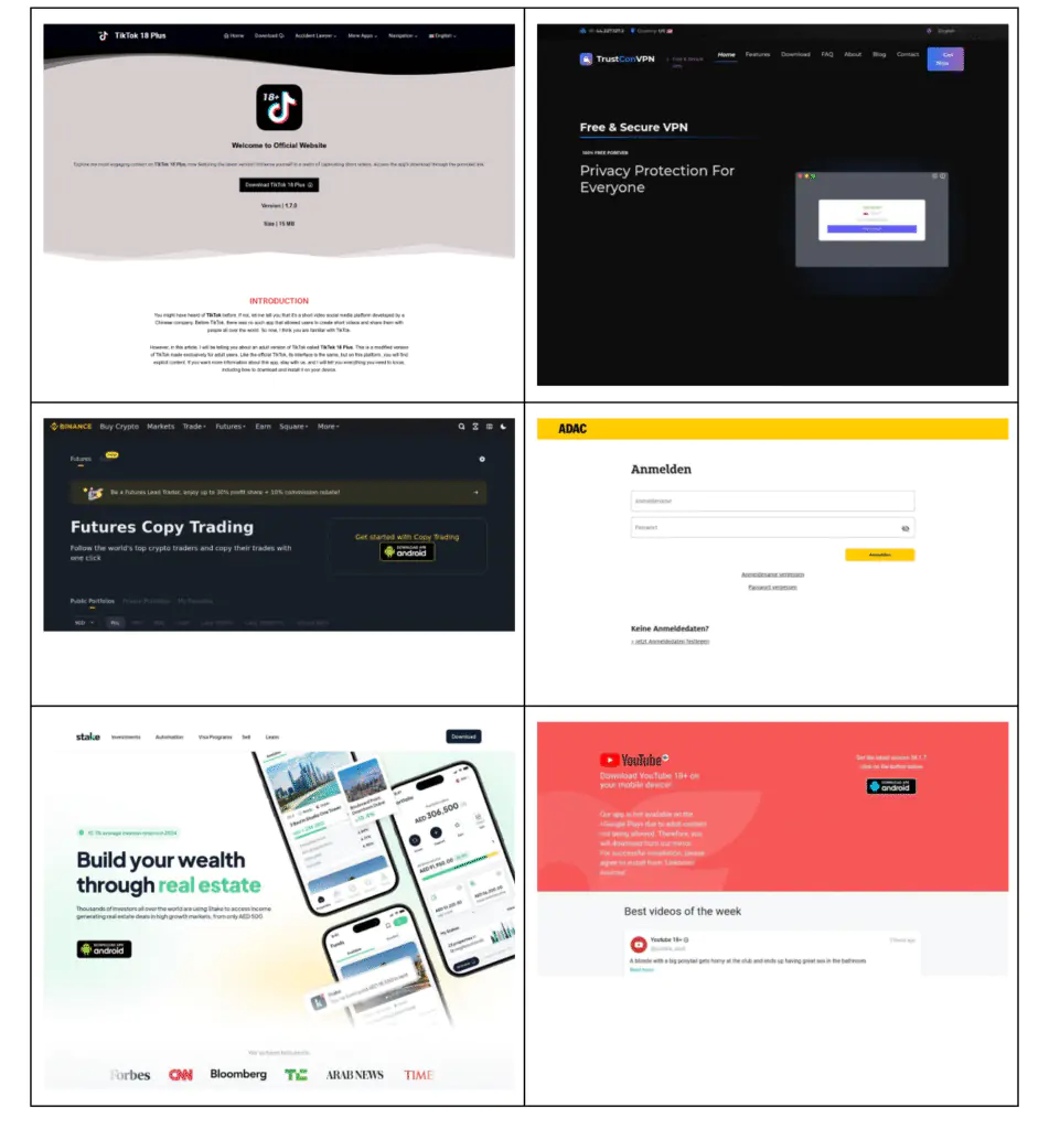 Примеры скриншотов поддельных веб-сайтов для доставки вредоносного ПО и сбора учетных данных