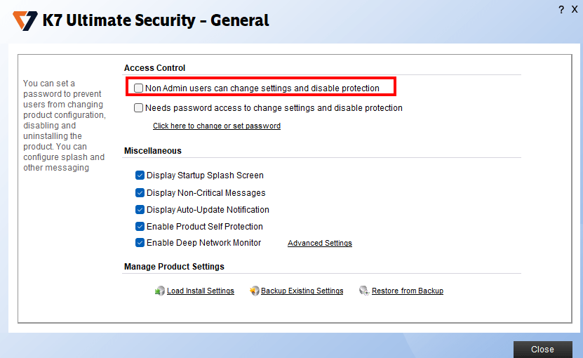 Non Admin users can change settings and disable protection
