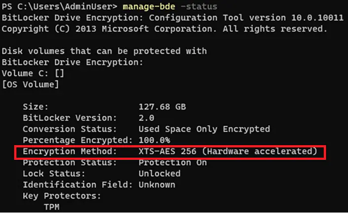 В командной строке в качестве метода шифрования отображается аппаратное ускорение BitLocker.