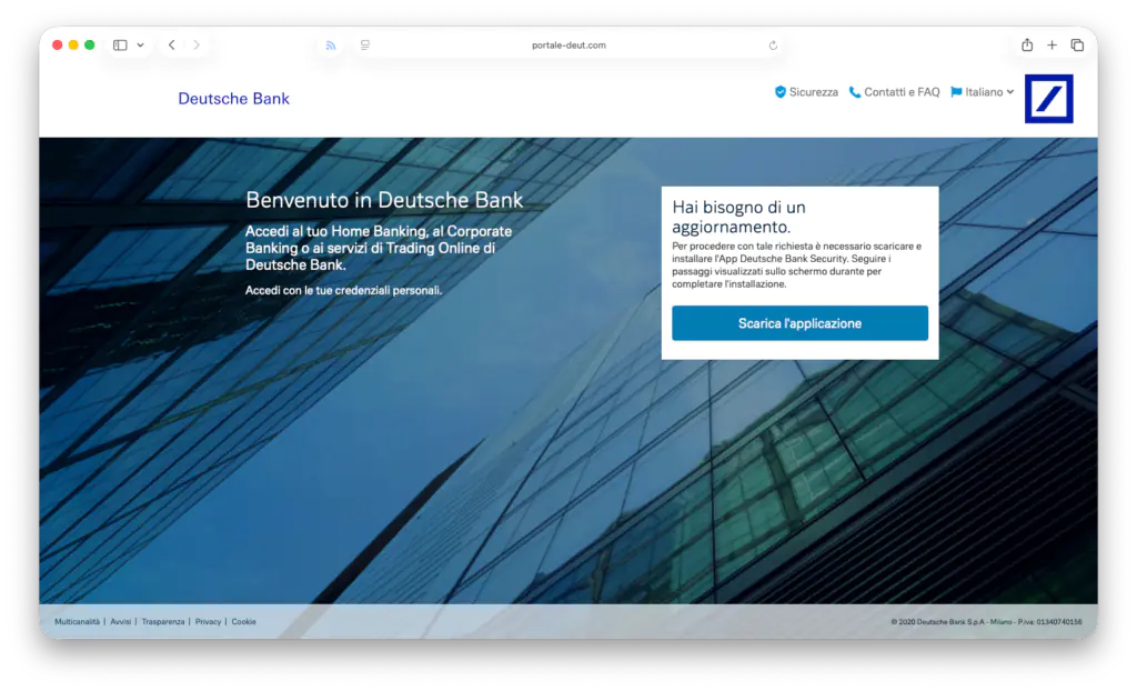 Фишиговый сайт, имитирующего итальянское отделение Deutsche Bank