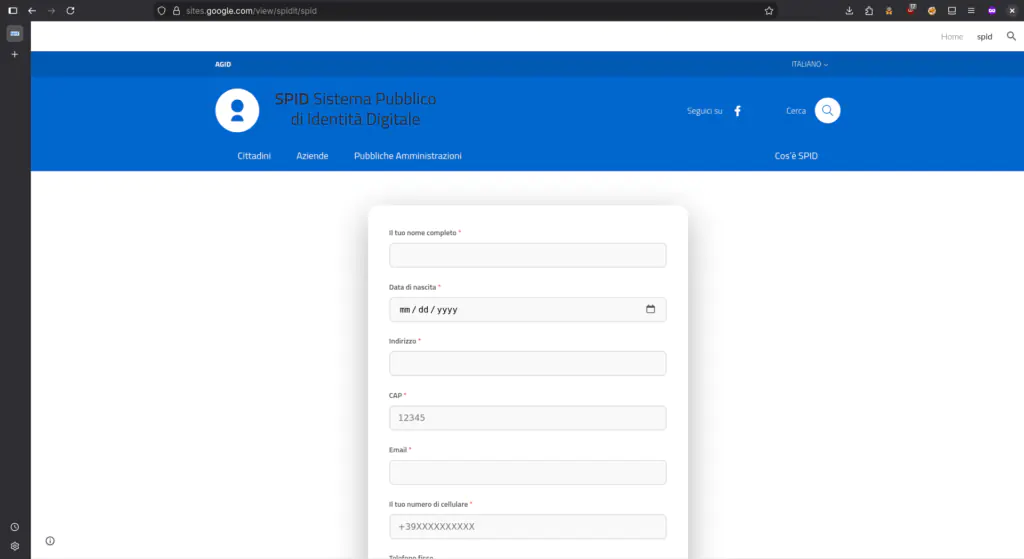 Фишинговая страница, имитирующая внешний вид официального сайта SPID и запрашивающая личные данные.