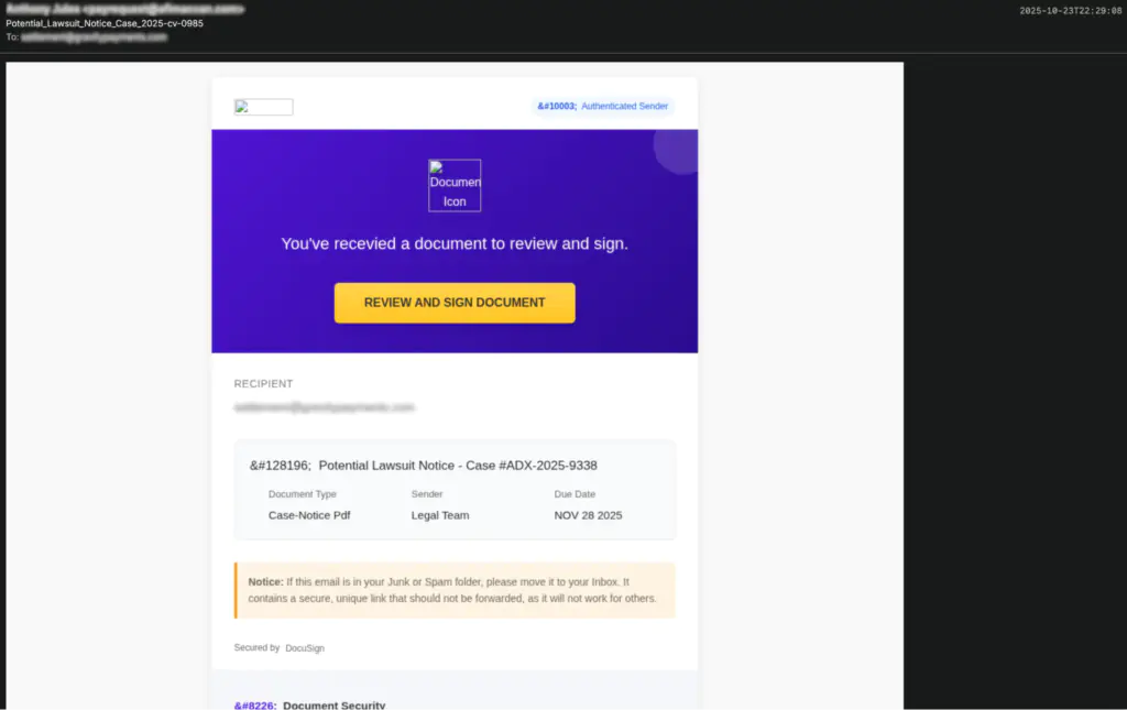 Фишинговое электронное письмо, выдающее себя за безопасный портал для подписи документов.