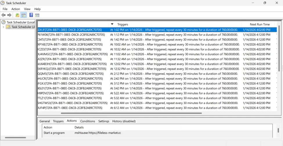 Планировщик задач зараженного хоста Windows показывает множество задач, созданных этой инфекцией в течение нескольких часов.