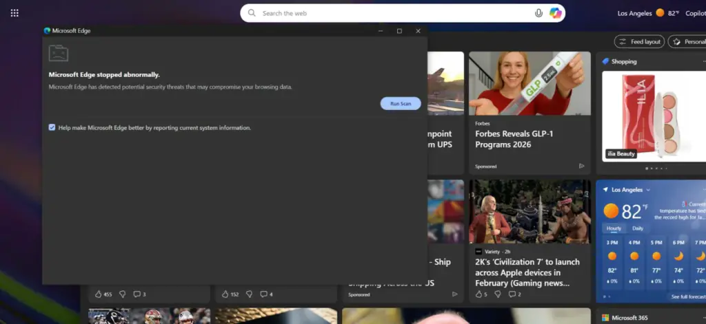 Поддельное всплывающее сообщение CrashFix