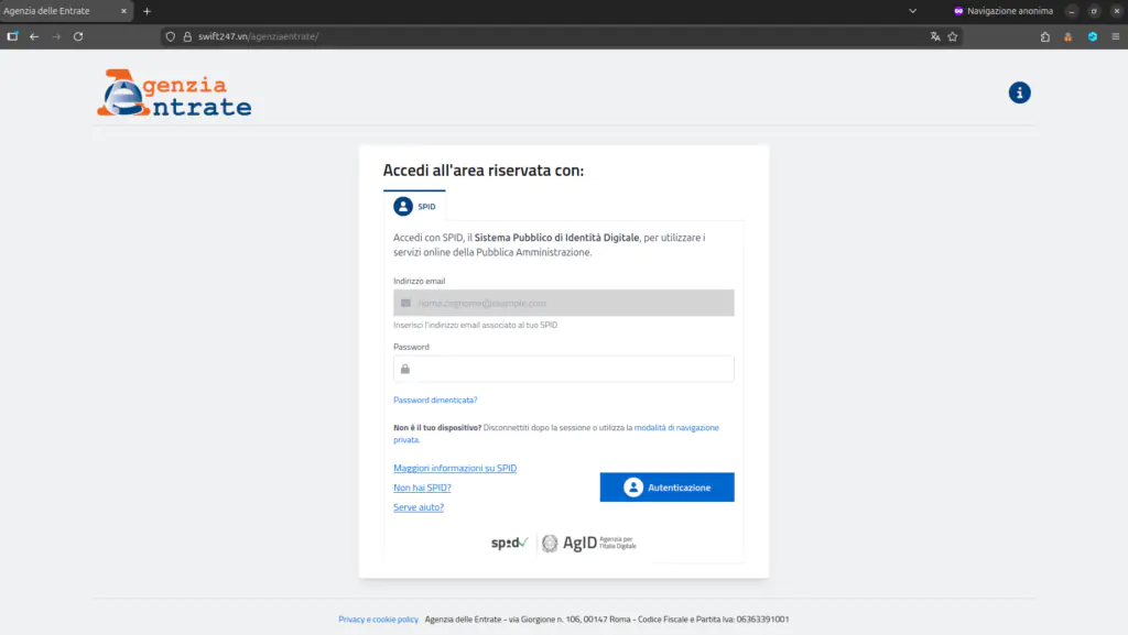 Скриншот фишинговой страницы, использованной для кражи учетных данных