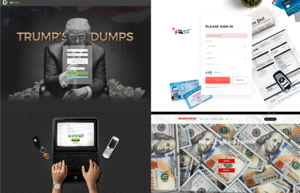 Скриншоты страниц входа в системы для кардинговых рынков, с которыми столкнулась команда Cymru