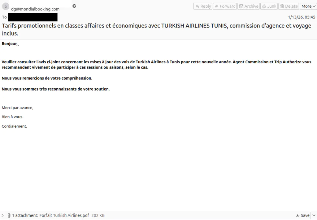 Электронное письмо (отредактированное), полученное жертвами (франкоязычная приманка для путешественников).