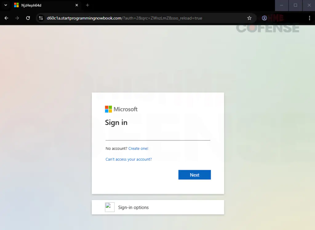 Фишинговая страница входа в Microsoft, созданная на основе встроенного URL-адреса