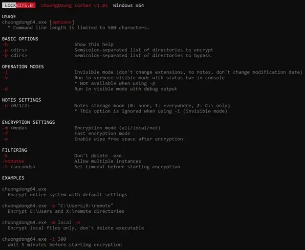 Меню «Справка» параметров командной строки LockBit 5.0.