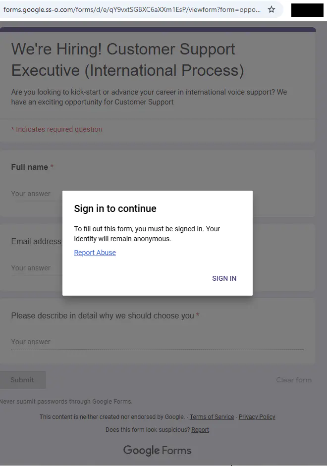 Поддельный сайт Google Forms