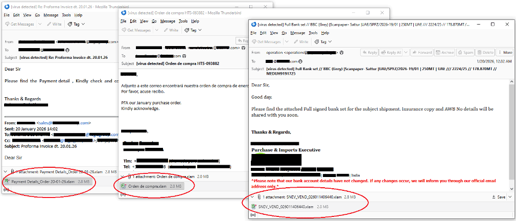 Примеры фишинговых писем, использованных в кампании XWorm