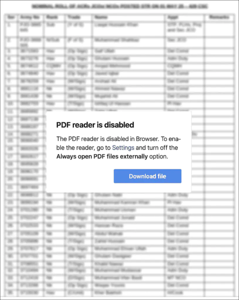 PDF-приманка, отображающая размытый документ с сообщением о социальной инженерии «Программа для чтения PDF-файлов отключена».