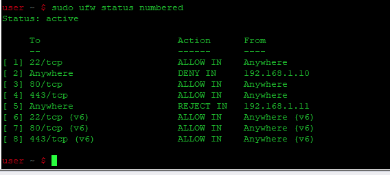 sudo ufw status numbered