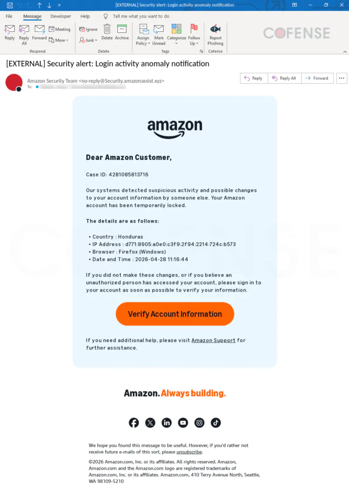 фишинговое письмо, оформленное в стиле Amazon.