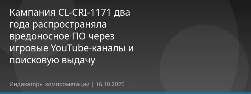 Кампания CL-CRI-1171 два года распространяла вредоносное ПО через игровые YouTube-каналы и поисковую выдачу