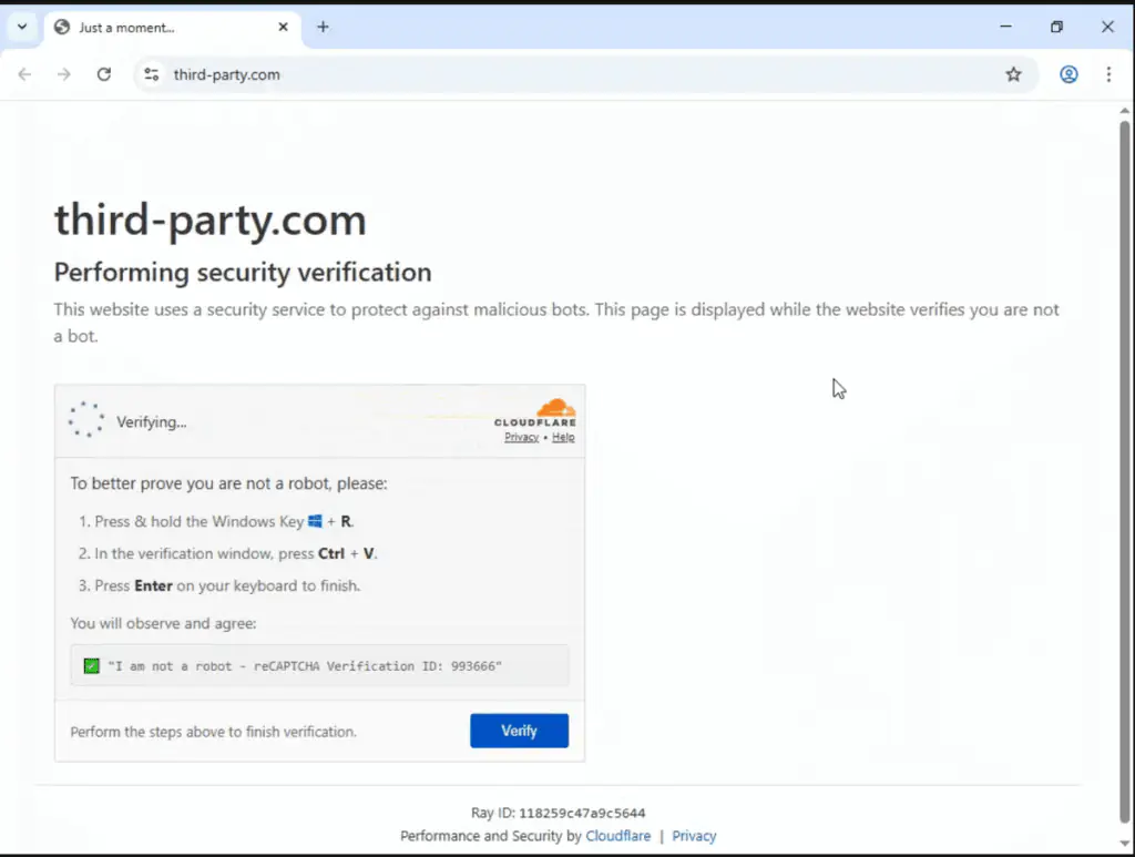 Сайт third-party[.]com демонстрирует пользователям Windows приманку ClickFix
